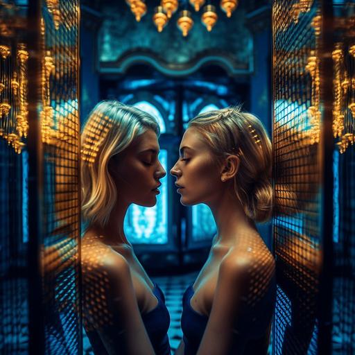Passionately wild kissing young and feminine teen blonde beautiful lesbian couple dressed in blue and golden fishnet bodysuits, in the futuristic palace of mirrors: 👁️ 🪞  👩‍❤️‍👩 fractalized, love what a concept, hyperrealistic, 70mm film, intrinsic detail, dramatic lighting, ultra sharp photo, by alejandro jodorowky --q 2 --v 5 --s 750 --q 5 --q 2