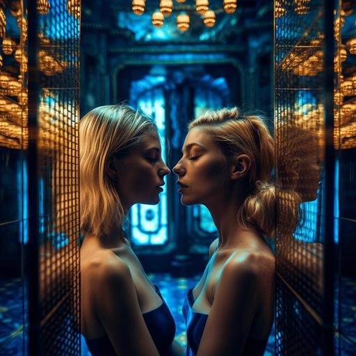 Passionately wild kissing young and feminine teen blonde beautiful lesbian couple dressed in blue and golden fishnet bodysuits, in the futuristic palace of mirrors: 👁️ 🪞  👩‍❤️‍👩 fractalized, love what a concept, hyperrealistic, 70mm film, intrinsic detail, dramatic lighting, ultra sharp photo, by alejandro jodorowky --q 2 --v 5 --s 750 --q 5 --q 2