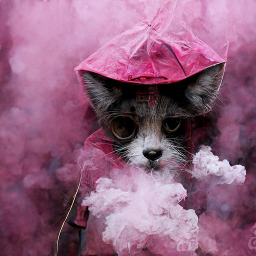 Cool cat, cute, rain, raincoat, pink, smoke, wallpaper, scenery