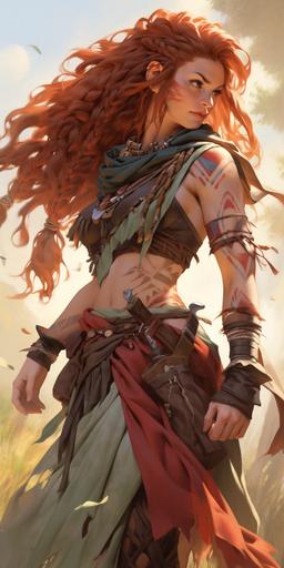 Pathfinder Kingmaker art style. Photorealistic quality. Fantasy character design. Full perspective. Barbarian human female. Detailed face. Glossy red hair ruffled and blowing in the wind. a crop-top. Standing in a tribe in the woods. Full body. --ar 1:2 --niji 5