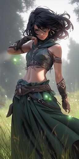 Pathfinder Kingmaker art style. Photorealistic quality. Fantasy character design. Full perspective. Mage elf female. Detailed face. Very short glossy black hair ruffled and blowing in the wind. a crop-top. Action magic pose. Standing on a grassy hill in a fey forest. Full body. --ar 1:2 --niji 5