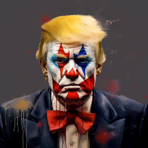 Patriotic portrait of president Donald Trump in clown makeup, minimalistic conceptual, paint by numbers style, pallete of seven main colors red green blue yellow white black brown, stiff brush work, sloppy textures