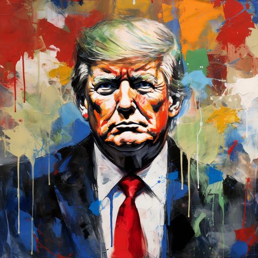 Patriotic portrait of president Donald Trump, minimalistic conceptual, paint by numbers style, pallete of seven main colors red green blue yellow white black brown, stiff brush work, sloppy textures