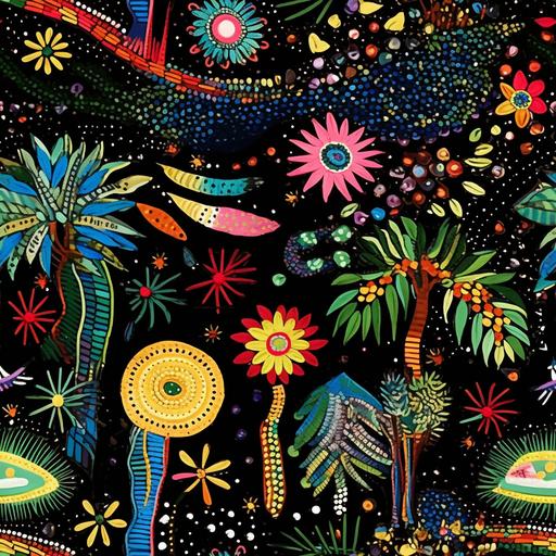 Pattern of farm in rio style prints, jaguars drawn in lines with sequins, fruits and birds colorful embroidery texture with black background --tile