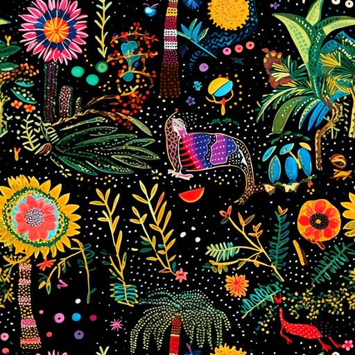 Pattern of farm in rio style prints, jaguars drawn in lines with sequins, fruits and birds colorful embroidery texture with black background --tile
