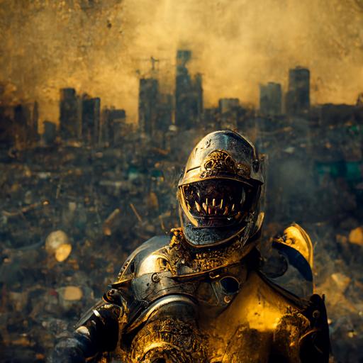 a guy in armor with gold inserts, shark jaws instead of teeth, an evil look, brass knuckles in his hand, against the backdrop of a destroyed city, ultra detail, intricate details, volumetric lighting, photo realistic, lifelike, photography, digital art, 8k