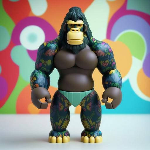 full body muscular gorilla plastic toy with hippie fashion. the style of Bearbrick