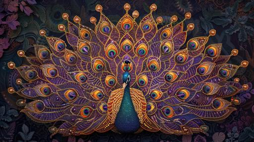 Peacock Brooch in Majestic Jewel Tones: Envision a wallpaper showcasing a peacock brooch, embodying the elegance of the animal kingdom, with feathers crafted from sapphires, emeralds, and amethysts. Set against a dark, batik-style background with symmetrical patterns, the brooch captures the essence of the majestic peacock with a nod to amphibian textures and hues. The luminogram technique used in the backdrop creates an enchanting garden atmosphere at midnight, where light patterns form outlines of exotic plants and amphibian silhouettes, using neon greens, yellows, and blues to highlight the brooch's stunning jewel tones and intricate design. Prompt created by MegUSN1, M A Aguilar --ar 16:9 --v 6.0 --s 250 --style raw