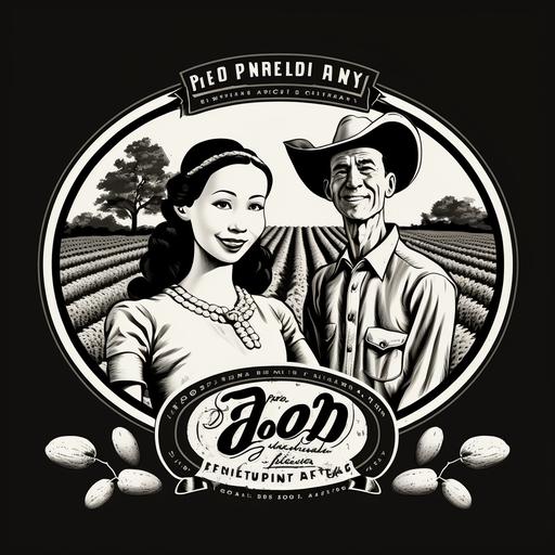 Peanut food, logo, shelled peanuts, a 30-year-old woman, a 40-year-old man, farm owner, the joy of a good harvest, the background shines, with an oval frame, black and white print effect, retro style, clean background, high definition, 4k