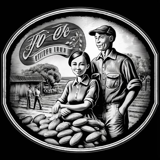 Peanut food, logo, shelled peanuts, a 30-year-old woman, a 40-year-old man, farm owner, the joy of a good harvest, the background shines, with an oval frame, black and white print effect, retro style, clean background, high definition, 4k