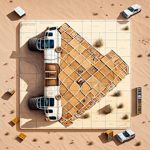 top view of a gigant board game drawing in the desert. where the pieces are ford rangers