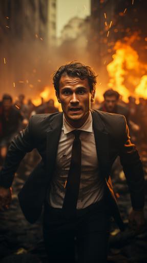 Pedro Sanchez, president of spain, running in front of angry protesters. Flags of Spain. fire. police. CAMÉRA FILM 35 MM, maximalism, cinematic hbo, dark moody, very realistic, --ar 9:16 --s 750