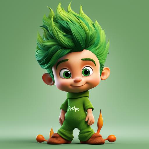 Pelopin is a cartoon character about 3 years child, green hair, the hair is the top of a very pointed fir, cartoon style, scaling a tree-seed 4-ar 1:1