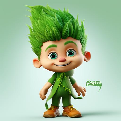 Pelopin is a cartoon character about 3 years child, green hair, the hair is the top of a very pointed fir, cartoon style, scaling a tree-seed 4-ar 1:1