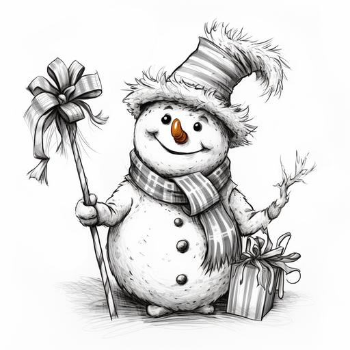 Pen sketch of a funny realistic snowman, carrot nose and broom. He holds a gift with a bow in his hand