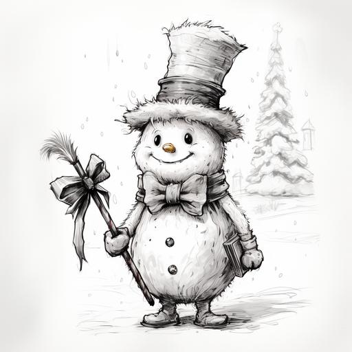 Pen sketch of a funny realistic snowman, carrot nose. broom in hand. He holds a big gift with a bow in his hand