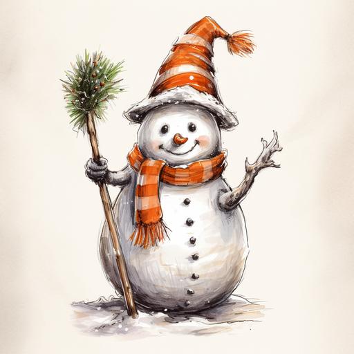 Pen sketch of a funny realistic snowman, carrot nose. broom in hand. He holds a big gift with a bow in his hand