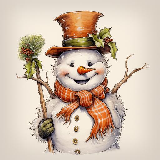 Pen sketch of a funny snowman, carrot nose and broom. He holds a gift with a bow in his hand