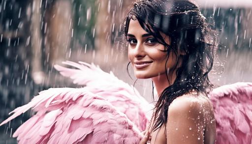 Penélope Cruz with pink wings is soaking wet cold, flying in torrential rain, tattoos, excited,flirty smirk, drenched, cold water soaked, cold water dripping, wet black hair covering face, wearing a white soaked strapless, with stylish accessories that complement her look, she has a great body shape, image shows full body, beautiful smile, the background is a beautiful futuristic the future sci - fi mountain top camping softly illuminates the model's flawless skin, muted tones, bright and hot day, with the occasional burst of color from the surrounding decor, the lens used to capture the photograph perfectly captures every detail in the model's features and clothing, bringing out the richness of the image, the photo taken by professional photographer Carl Youngberg, extremely sharp and detail portrait, photo - realistic, shot with leica 50mm f/ 1. 2L USM lens at f/ 2. 8, ISO 400, 1/ 125 --s 1000 --ar 7:4 --v 5 --q 2
