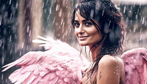 Penélope Cruz with pink wings is soaking wet cold, flying in torrential rain, tattoos, excited,flirty smirk, drenched, cold water soaked, cold water dripping, wet black hair covering face, wearing a white soaked strapless, with stylish accessories that complement her look, she has a great body shape, image shows full body, beautiful smile, the background is a beautiful futuristic the future sci - fi mountain top camping softly illuminates the model's flawless skin, muted tones, bright and hot day, with the occasional burst of color from the surrounding decor, the lens used to capture the photograph perfectly captures every detail in the model's features and clothing, bringing out the richness of the image, the photo taken by professional photographer Carl Youngberg, extremely sharp and detail portrait, photo - realistic, shot with leica 50mm f/ 1. 2L USM lens at f/ 2. 8, ISO 400, 1/ 125 --s 1000 --ar 7:4 --v 5 --q 2