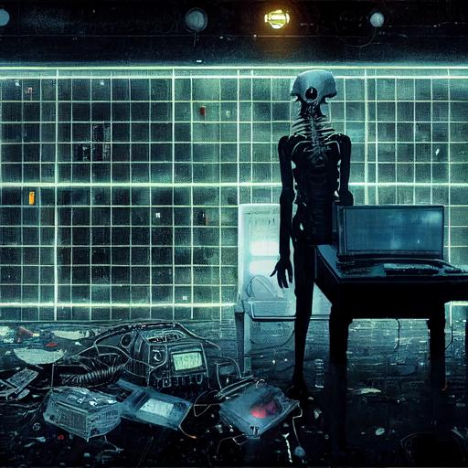 a cyberpunk alien with multiple arms and crab carapace hacking into a derelict computer, indoor urban enivronment, gothpunk, gloomy, gothic horror --test