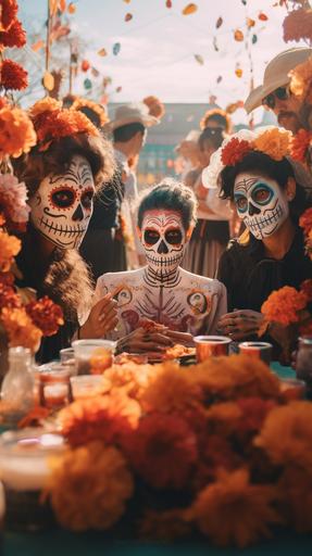People celebrating Día de Muertos, traditional Mexican attire with skull makeup, contemporary time, streets adorned with marigolds and papel picado, family gathering at a cemetery, festive and colorful atmosphere, medium shot, hyper-realistic, photo realism, cinematography style --ar 9:16