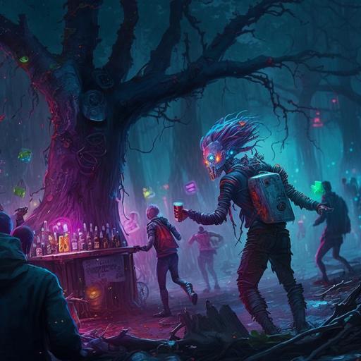 People dancing around dead trees while drinking pitchers of kool-aid, dressed in cyberpunk.