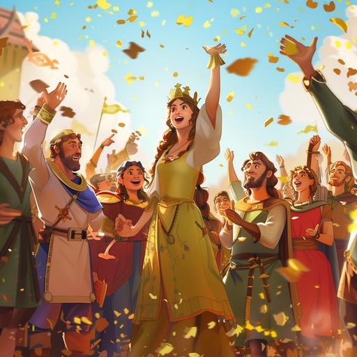 People of the kingdom celebrating her triumph, cartoon, 4k