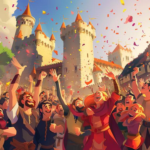 People of the kingdom celebrating the triumph, cartoon, 4k