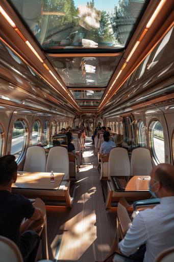 People traveing on luxury train, glass top, some having conversations, travel, laughing, in seats and standing, hyper realistic, 4k--v 4 --ar 2:3