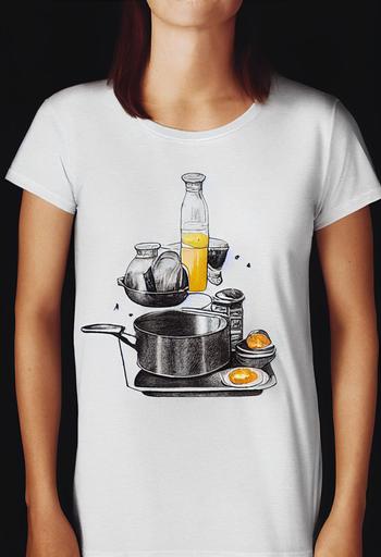 [People who cook breakfast in a t-shirt are dumb. Use a pan.]   [woman wearing t-shirt]::4   [pencil sketch] --ar 9:16 --beta --upbeta