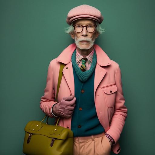 People who don't exist Wes Anderson colors outfits,full body, and dark backgrounds, 52-58 years old people, one man and two woman, one photo, fashion photography models, slim bodies, beautiful faces, long hands, long legs, hats, scarves, flowers, donuts, dramatic atmosphere, Photo-realistic, hyper-realistic, ultra-realistic, 4k --v 4