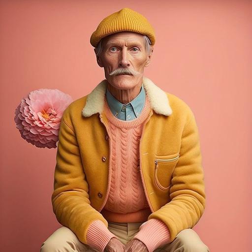 People who don't exist Wes Anderson colors outfits,full body, and dark backgrounds, 52-58 years old people, one man and two woman, one photo, fashion photography models, slim bodies, beautiful faces, long hands, long legs, hats, scarves, flowers, donuts, dramatic atmosphere, Photo-realistic, hyper-realistic, ultra-realistic, 4k --v 4