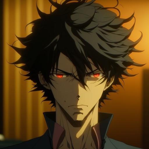 a male anime character with black curly hair, thin with a defined body and sharp teeth with a psychopath face