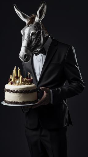 Perfect image:: a donkey in suit blowing a anniversary cake, full body, fashion male poetry, award winning, highly detailed, ultra bright, canon, 28mm, hard glowing volumetric lighting, hyperreal --q 3 --ar 9:16 --v 5