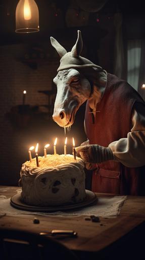 Perfect image:: A donkey in costume blowing on candles of a birthday cake with smoke, full body, fashion male poetry, award winning, highly detailed, ultra bright, hard glowing volumetric lighting, hyperreal --ar 9:16 --v 5