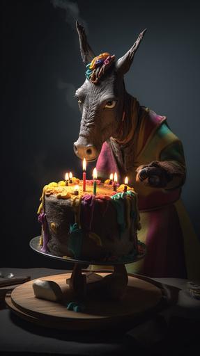 Perfect image:: A donkey in costume blowing on the lit candles of a birthday cake, full body, fashion male poetry, award winning, highly detailed, ultra bright, canon, 28mm, hard glowing volumetric lighting, hyperreal --q 3 --ar 9:16 --v 5