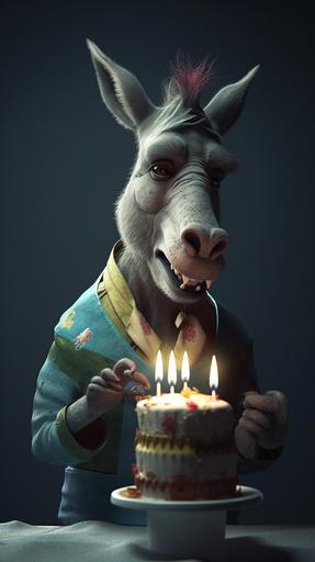 Perfect image:: A donkey in costume blowing on candles of a birthday cake with smoke, full body, fashion male poetry, award winning, highly detailed, ultra bright, hard glowing volumetric lighting, hyperreal --ar 9:16 --v 5