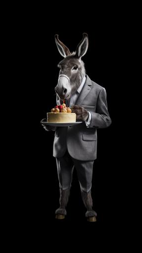Perfect image:: a donkey in suit blowing a anniversary cake, full body, fashion male poetry, award winning, highly detailed, ultra bright, canon, 28mm, hard glowing volumetric lighting, hyperreal --q 3 --ar 9:16 --v 5