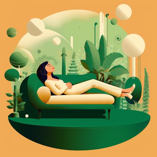 Person lying on therapist couch, tripping on psychedelics in neutral and green palette, in flat illustration style, no text detail.