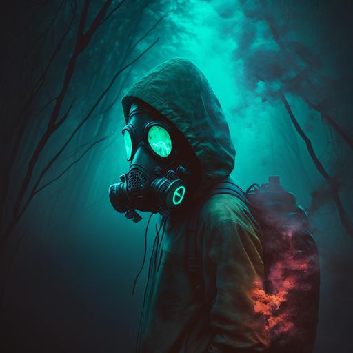 Person with toxic RGB mask in the fog