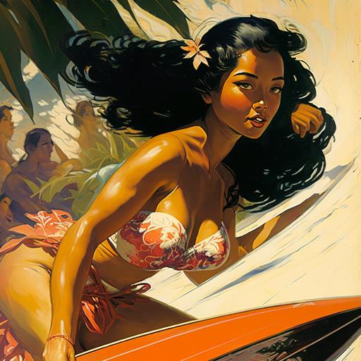 Closeup gorgeous latin asian black island cute friendly girl with surfboard Vintage Hawaiian Poster surfing a wave in a super cool exotic tropical paradise, JC Leyendecker, Frank Frazetta, vibrant, rich colors, hyperdetailed hyperrealism, hawaiian paradaise