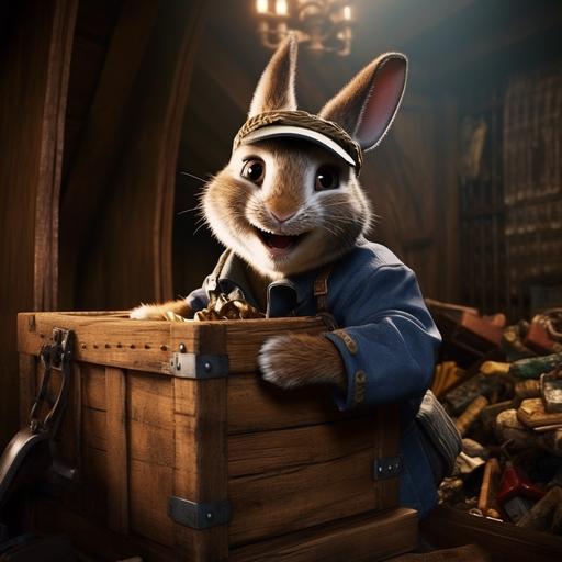 Peter rabbit in engineer outfit trying to open a locked wooden chest