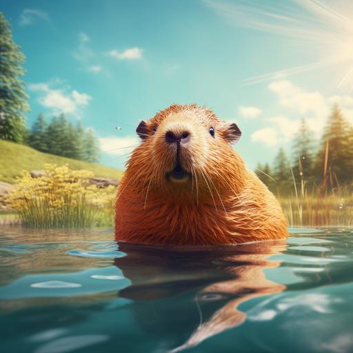 a capybara swims in a small lake. the lake looks natural. super realistic