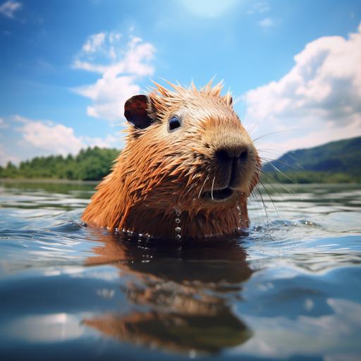 a capybara swims in a small lake. the lake looks natural. super realistic