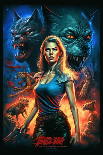 Phoebe Tonkin and Denise Richards mashup, young queen of intergalactic warewolves, fighting an army of hungry mechanical vampires, raw, big chest, leather, Boris Vallejo style, ultra detailed face, full body view, slim, wide hips, barefoot, vintage movie poster, cosmic graveyard theme theme, cinematic lighting, depth of field, --ar 2:3 --q 2 --v 4