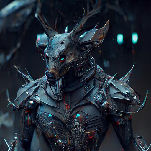 mythic wolf, armored, futurisic armor, alien deer, cyberpunk, full body, menacing, epic, high details, 8K