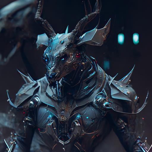 mythic wolf, armored, futurisic armor, alien deer, cyberpunk, full body, menacing, epic, high details, 8K