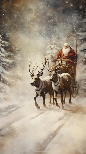Phone background wallpaper, Vintage Santa and reindeer sleigh on the snow still Rustic, Moody Winter oil paint 5K only 5 colors --ar 9:16