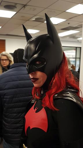 Phone photo of a version of Batwoman from DC Comics. She is impatiently waiting in line at the DMV. The photo was posted in 2018 on Reddit. --ar 9:16 --style raw --stylize 50 --v 6.0